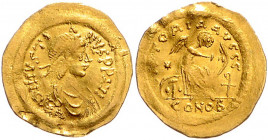 BYZANTINISCHES REICH, Justin II., 565-578, AV Semissis CONOB =Constantinopel. Diad. Büste r. Rs.Victoria r. sitzend, beschreibt Schild, i.F.*. 2,18g....