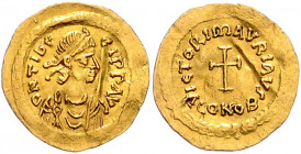 BYZANTINISCHES REICH, Mauricius Tiberius, 582-602, AV Tremissis, CONOB =Constantinopel. Diad. Büste. Rs.Kreuz. 1,46g.
GOLD, ss+
Sommer 7.17