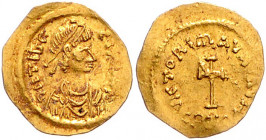 BYZANTINISCHES REICH, Mauricius Tiberius, 582-602, AV Tremissis CONOB =Constantinopel. Diad. Büste r. Rs.Kreuz. 1,45g.
GOLD, ss
Sommer 7.17
