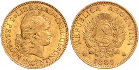 ARGENTINIEN, Republik, seit 1810, 5 Pesos 1889. -MwSt-befreit-
GOLD, vz
Frbg.14; KM 6