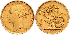 AUSTRALIEN, Victoria, 1837-1901, Sovereign 1873 M, Melbourne. 7,93g.
GOLD, ss
KM 7