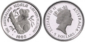AUSTRALIEN, Elisabeth II., seit 1952, 5 Dollars =1/20 Unze 1990. Koala auf Baumstamm. 1,57g fein. Aufl. 2.500 Stk.
PLATIN, Orig.-Blister, PP
KM 145