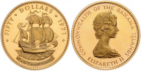 BAHAMAS, Elizabeth II., seit 1952, 50 Dollars 1971. Segelschiff Santa Maria. Aufl. 1.250 Ex. 20g. -MwSt-befreit-
GOLD, min.Haarlinien, PP
KM 29