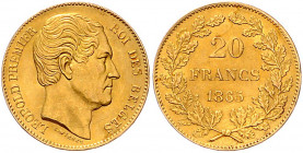 BELGISCHES KÖNIGREICH, Leopold I., 1831-1865, 20 Francs 1865. 6,45g. -MwSt-befreit-
GOLD, vz+
KM 23