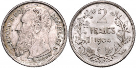 BELGISCHES KÖNIGREICH, Leopold II., 1865-1909, 2 Francs 1904. 10,04g.
etw.Fundbelag, vz+
KM 59