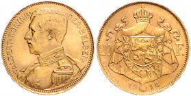 BELGISCHES KÖNIGREICH, Albert I., 1909-1934, 20 Francs 1914. Der Belgen. 6,45g. -MwSt-befreit-
GOLD, f.st
KM 78; Frbg.423