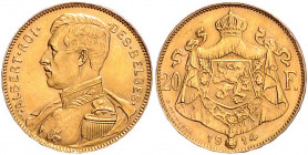 BELGISCHES KÖNIGREICH, Albert I., 1909-1934, 20 Francs 1914. Des Belges. 6,43g. -MwSt-befreit-
GOLD, f.st
KM 78; Frbg.421