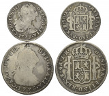 BOLIVIEN, Karl III., 1759-1788, 2 Reales 1773 PTS JR, Potosi (s-ss); 4 Reales 1776 PTS JR, Potosi (gel., s).
2 Stk., s bis s-ss
KM 53f.