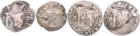 BOLIVIEN, Philipp II., 1556-1598, 1/2 Real o.J. (1574-86) B, Potosi. 1,58g. DAZU:Ebs. P-R. 1,38g; 1,32g. (beide gelocht); Ebs. R. 1,69g.
4 Stk., kl.L...