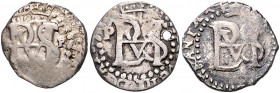 BOLIVIEN, Philipp III., 1598-1621, 1/2 Real o.J. PM, Potosi (gelocht) 1,42g. DAZU:Ebs. PP. 1,68g; Ebs. o.Mzz. 1,66g.
3 Stk., kl.Loch(1), s-ss
KM 6.1...