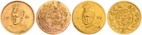 IRAN, Ahmad Shah, 1909-1925, 5000 Dinars AH 1337 =1918. 1,26g. DAZU:Gleiche AH 1335 =1916. 0,80g.
GOLD, 2 Stk., ss
KM 1071; Frbg.85