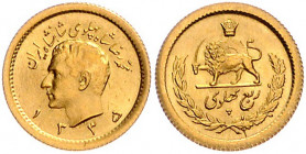 IRAN, Mohammad Reza Pahlavi Shah, 1941-1979, 1/4 Pahlavi SH 1335 =1956. Shahkopf. Rs.Löwe mit Schwert. 2,05g. -MwSt-befreit-
GOLD, vz
Frbg.103; KM 1...