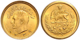 IRAN, Mohammad Reza Pahlavi Shah, 1941-1979, 1/4 Pahlavi SH 1339 =1960. Shahkopf. Rs.Löwe mit Schwert. -MwSt-befreit-
GOLD, vz
Frbg.104; KM 1160a