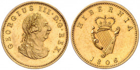 IRLAND, Georg III., 1760-1820, Farthing 1806. Proof Gilt-Copper. Rd.Engrailed. 4,35g.
vz aus PP
KM 146.1a; Seaby 4622
