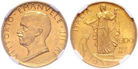 ITALIEN, Vittorio Emanuele III., 1900-1946, 100 Lire 1931 R, Rom. 8,80g. -MwSt-befreit-
GOLD, NGC MS-63
KM 72; Frbg.33