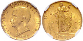 ITALIEN, Vittorio Emanuele III., 1900-1946, 100 Lire 1931 R, Rom. 8,80g. -MwSt-befreit-
GOLD, NGC MS-63
KM 72; Frbg.33