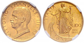 ITALIEN, Vittorio Emanuele III., 1900-1946, 100 Lire 1931 R, Rom. 8,79g. -MwSt-befreit-
GOLD, NGC MS-62
KM 72; Frbg.33