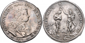 ITALIEN / FLORENZ, Cosimo III. de Medici, 1670-1723, Piastra 1677. Geharn. Büste r. Rs.Taufszene. 30,85g.
kl.Kr., Hsp., ss
Dav.4209