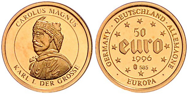 JUBILÄEN UND ANLÄSSE , Goldmed. (50 Euro) 1996 auf Karl den Großen. 1,5g (.585)....