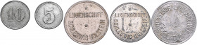 MARKEN UND ZEICHEN, SCHLESWIG-HOLSTEIN, Schiffskantinenmarken. Linienschiff Schleswig-Holstein. Wert 5 (o.J.), Wert 10 (o.J.), Wert 50 (o.J.), Wert 10...