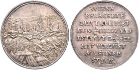 HAUS HABSBURG, Leopold I., 1657-1705, Silbermed. 1683 unsign. a.d. Belagerung und Entsatz Wiens. Ansicht der belagerten Stadt. Rs.WIENN BELAGERTE DER ...