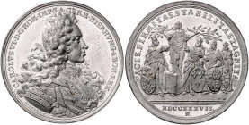 HAUS HABSBURG, Karl VI., 1711-1740, Zinnmed. 1737 von Vestner a.d. Frieden mit Frankreich. Geharn. Büste r. Rs.Pax mit Olivenzweigen über 4 Kriegsteil...