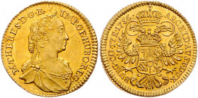 HAUS HABSBURG, Maria Theresia, 1740-1780, Dukat 1756, Wien. 3,48g.
GOLD, vz/vz+
Frbg.406; Her.92