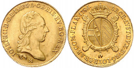 HAUS HABSBURG, Joseph II., 1765-1790, Sovrano 1786 M, Mailand. 11,10g.
GOLD, kl.Sf. a.Rd., f.vz/vz
Frbg.739; Her.111