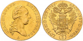 HAUS HABSBURG, Joseph II., 1765-1790, Doppeldukat 1786 A, Wien. 6,96g.
GOLD, vz/vz+
Frbg.437; Her.5
