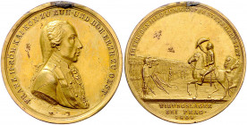 HAUS HABSBURG, Franz II. (I.), 1792-1835, Vergold. Br.-Med. 1804 von Guillemard/Stuckhart a.d. Übungslager bei Prag. Uniform. Büste r. Rs.Heerschau, I...