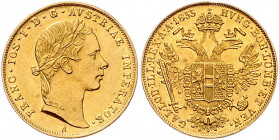 HAUS HABSBURG, Franz Joseph I., 1848-1916, Dukat 1855 A, Wien. 3,48g. -MwSt-befreit-
GOLD, ss/vz
Frbg.490; KM 2263
