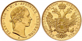 HAUS HABSBURG, Franz Joseph I., 1848-1916, Dukat 1859 A, Wien. 3,51g. -MwSt-befreit-
GOLD, f.st
Frbg.490; KM 2263
