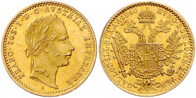 HAUS HABSBURG, Franz Joseph I., 1848-1916, Dukat 1860 A, Wien. 3,49g. -MwSt-befreit-
GOLD, ss/vz
Frbg.491; KM 2264