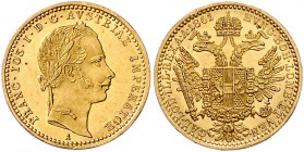 HAUS HABSBURG, Franz Joseph I., 1848-1916, Dukat 1861 A, Wien. 3,47g. -MwSt-befreit-
GOLD, vz
Frbg.491; KM 2264