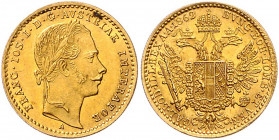 HAUS HABSBURG, Franz Joseph I., 1848-1916, Dukat 1862 A, Wien. 3,48g. -MwSt-befreit-
GOLD, ss/vz
Frbg.491; KM 2264