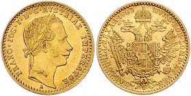 HAUS HABSBURG, Franz Joseph I., 1848-1916, Dukat 1863 A, Wien. 3,49g. -MwSt-befreit-
GOLD, vz+
Frbg.491; KM 2264