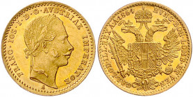 HAUS HABSBURG, Franz Joseph I., 1848-1916, Dukat 1864 A, Wien. 3,50g. -MwSt-befreit-
GOLD, vz/st
Frbg.491; KM 2264