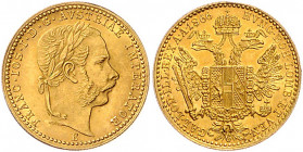 HAUS HABSBURG, Franz Joseph I., 1848-1916, Dukat 1866 E, Karlsburg. 3,50g. -MwSt-befreit-
GOLD, vz
Frbg.397; KM 2265