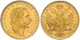 HAUS HABSBURG, Franz Joseph I., 1848-1916, Dukat 1867 E, Karlsburg. 3,49g. -MwSt-befreit-
GOLD, vz/st
Frbg.397; KM 2265
