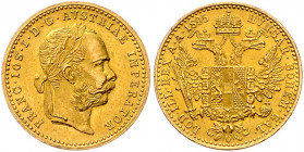 HAUS HABSBURG, Franz Joseph I., 1848-1916, Dukat 1895. 3,50g. -MwSt-befreit-
GOLD, ss/vz
Frbg.493; KM 2267