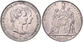 HAUS HABSBURG, Franz Joseph I., 1848-1916, Doppelgulden 1854 A. Vermählung mit Elisabeth (`Sissi`) von Bayern.
Hsp., ss
Dav.19; J.300; KM M3