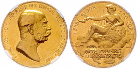 HAUS HABSBURG, Franz Joseph I., 1848-1916, 100 Kronen 1908. 60-jähr. Regierungsjubiläum. Venus in den Wolken, eines der schönsten und begehrtesten Mün...
