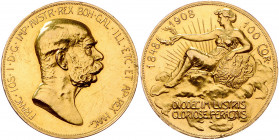 HAUS HABSBURG, Franz Joseph I., 1848-1916, 100 Kronen 1908. 60-jähr. Regierungsjubiläum. -MwSt-befreit-
GOLD, Prüf- u.Fassungsspur a.Rd., feine Kr., ...