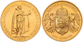 HAUS HABSBURG, Franz Joseph I., 1848-1916, 100 Kronen 1908 KB. -MwSt-befreit-
GOLD, Restrike, st
Frbg.249R; KM 491