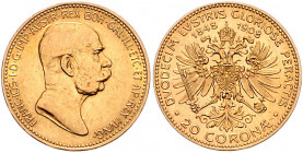 HAUS HABSBURG, Franz Joseph I., 1848-1916, 20 Kronen 1908. 60jähriges Regierungsjubiläum. 6,77g. -MwSt-befreit-
GOLD, vz
KM 2811
