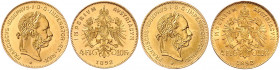 HAUS HABSBURG, Franz Joseph I., 1848-1916, 4 Florins =10 Francs 1892. DAZU: Gleiche. -MwSt-befreit-
GOLD, 2 Stk., prägefr.
KM 2260