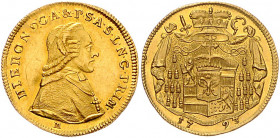 SALZBURG, ERZBISTUM, Hieronymus Graf Colloredo, 1772-1803, Dukat 1793 M. 3,48g.
GOLD, vz/vz+
KM 463; Pr.2407a; Frbg.880