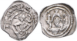 STEIERMARK, Leopold VI. und Erzbischof Eberhard II., 1220-1230, Pfennig o.J. Pettau. +DUX LIV-POLDVS. Sitz. Herzog, die Arme in die Seite gestützt, mi...