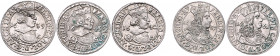 TIROL, Ferdinand Karl Erzherzog, 1632-1662, 3 Kreuzer 1639, 1642, 1643, 1659, 1661, Hall. Gesamt:7,45g.
5 Stk., l.Fundbel., vz bis prägefr.
KM 852