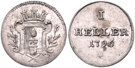AUGSBURG, STADT , Silberabschlag des Hellers 1796. 1,06g.
kl.Kr., vz
KM Pn64 (188); Forster 716
